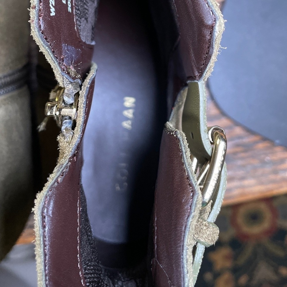 Cole Haan Taupe Suede Ankle Boots Block Heel Side Zip Buckle Bootie Olive Sz 7.5 - Picture 5 of 6